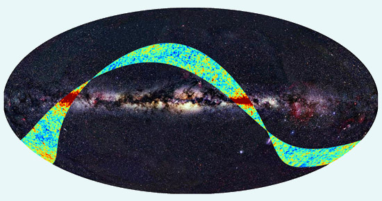 Bande du ciel (en fausse couleurs ) observe par un detecteur 
				de Planck/HFI superpose  une carte du ciel dans l'optique