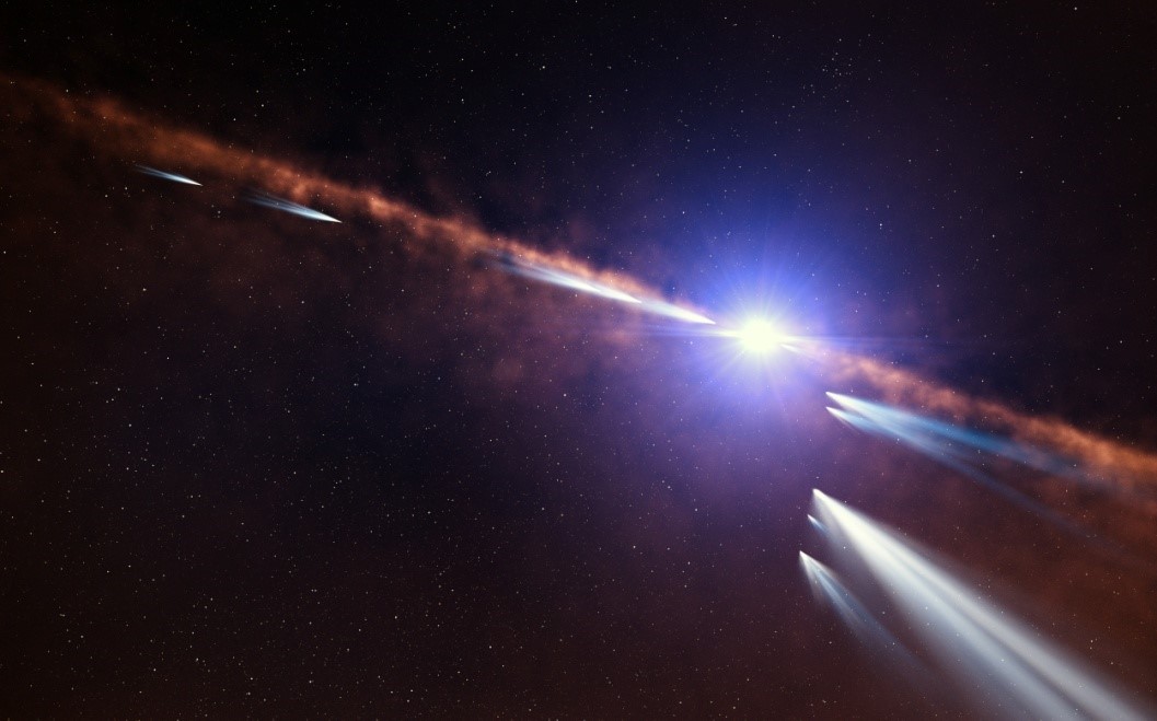 Vue d'artiste des exocomètes en orbite autour de l'étoile β Pictoris