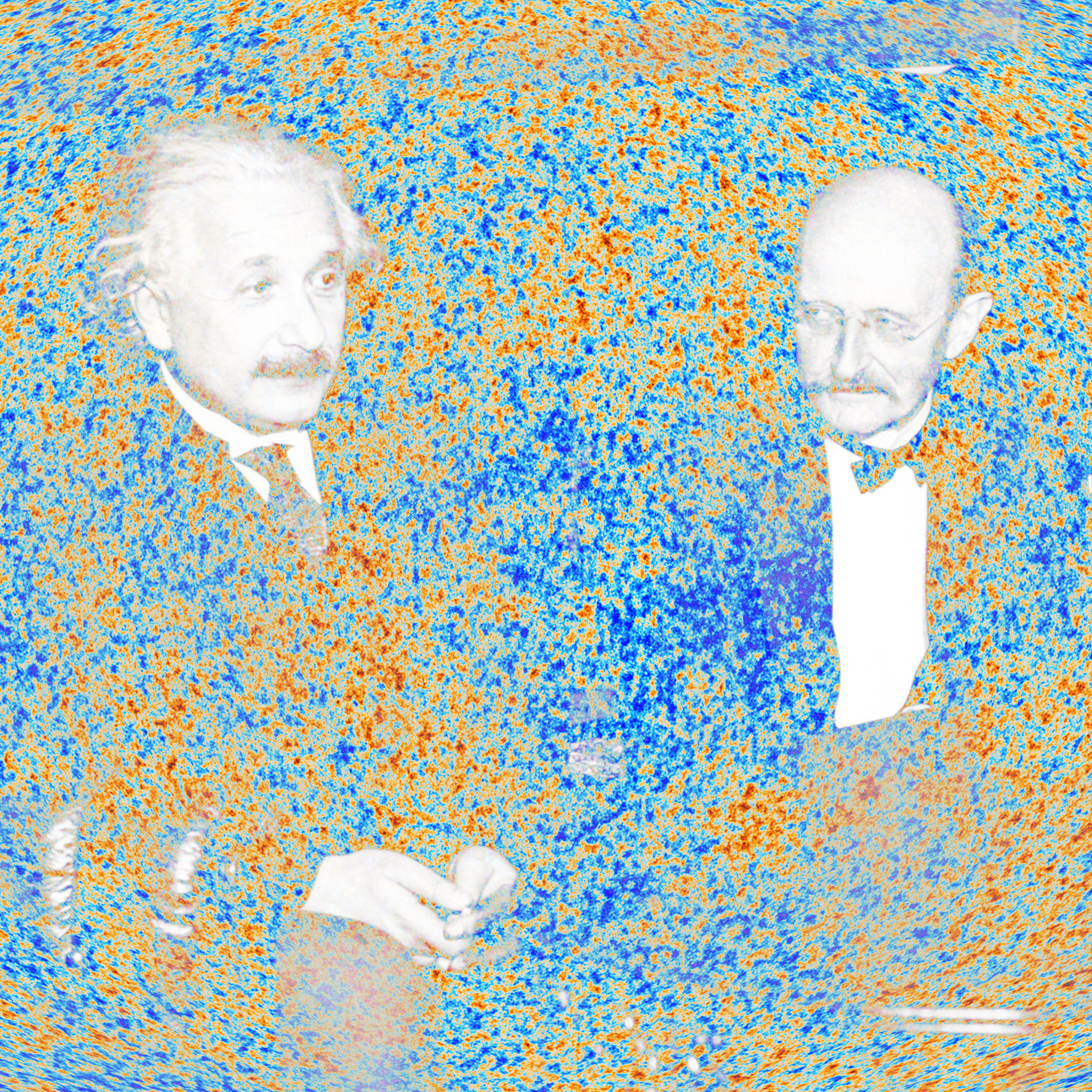 Einstein et Planck (1931), sur fond de rayonnement diffus cosmologique (2009)